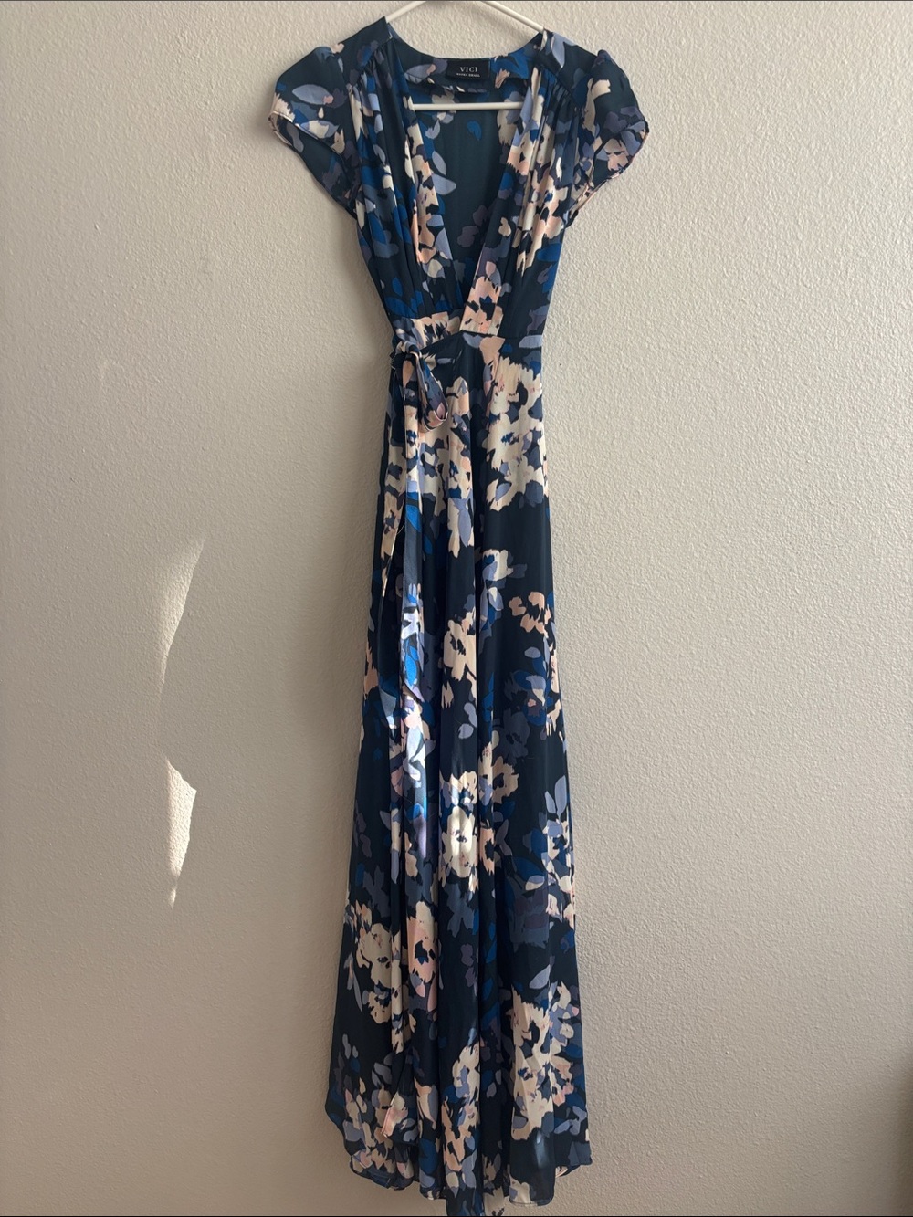 NWOR Vici Collection Navy Floral Wrap Maxi Dress with Blush Accents